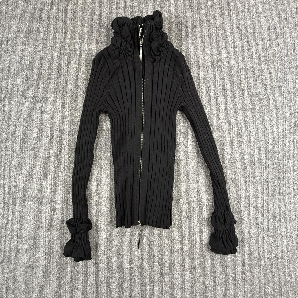 Belldini Sweater Womens Small Black‎ Full Zip Ruffle Cuff High Neck Knit Stretch